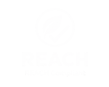 A white logo for REACH compliant on a solid white background.