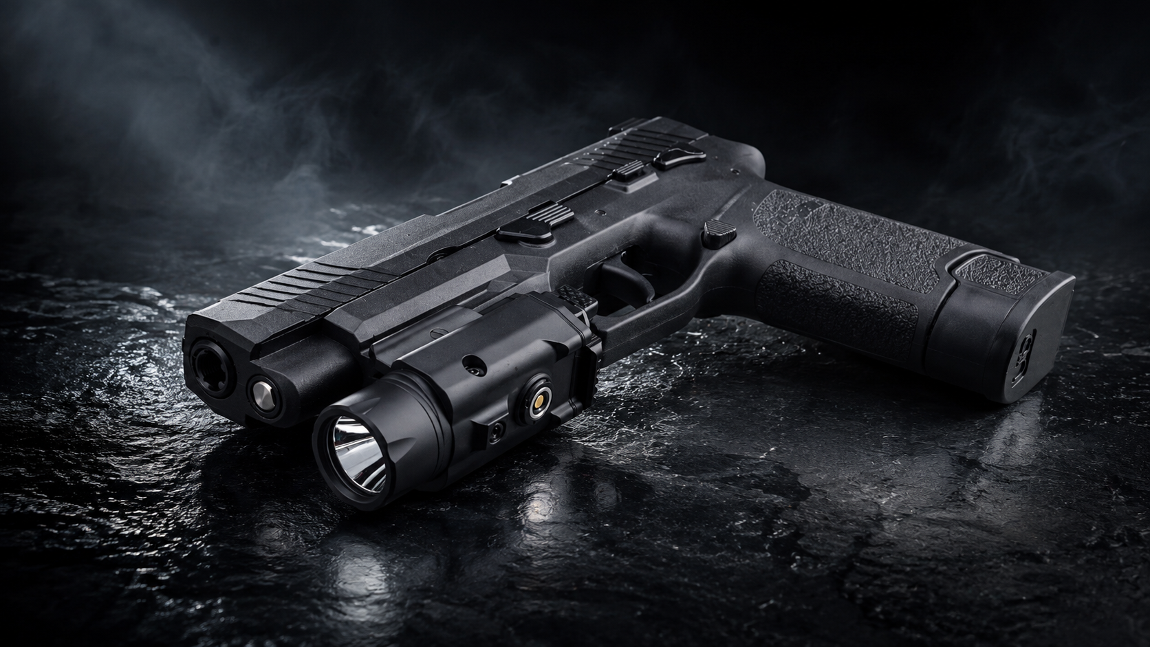 A black tactical handgun with an integrated flashlight and sight system, photographed on a dark reflective surface with smoky atmospheric lighting.