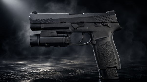 A black semi-automatic handgun with a mounted tactical flashlight and laser sight, shown in profile against a dark smoky background with dramatic spotlighting.
