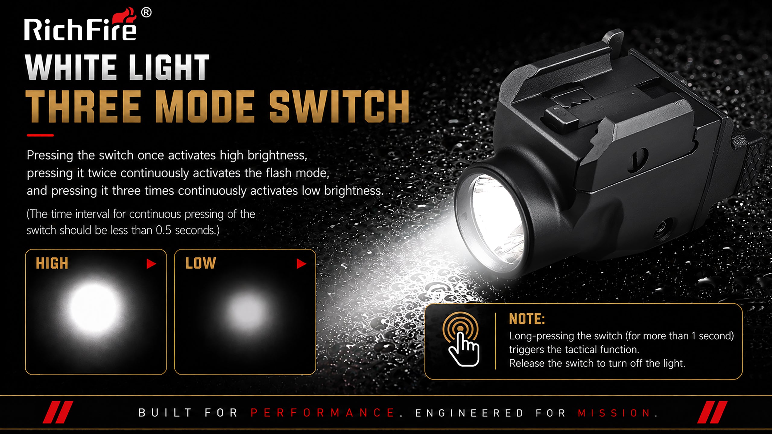 RichFire white light three mode switch tactical flashlight shown on a dark textured background with text explaining the switch modes and brightness levels.
