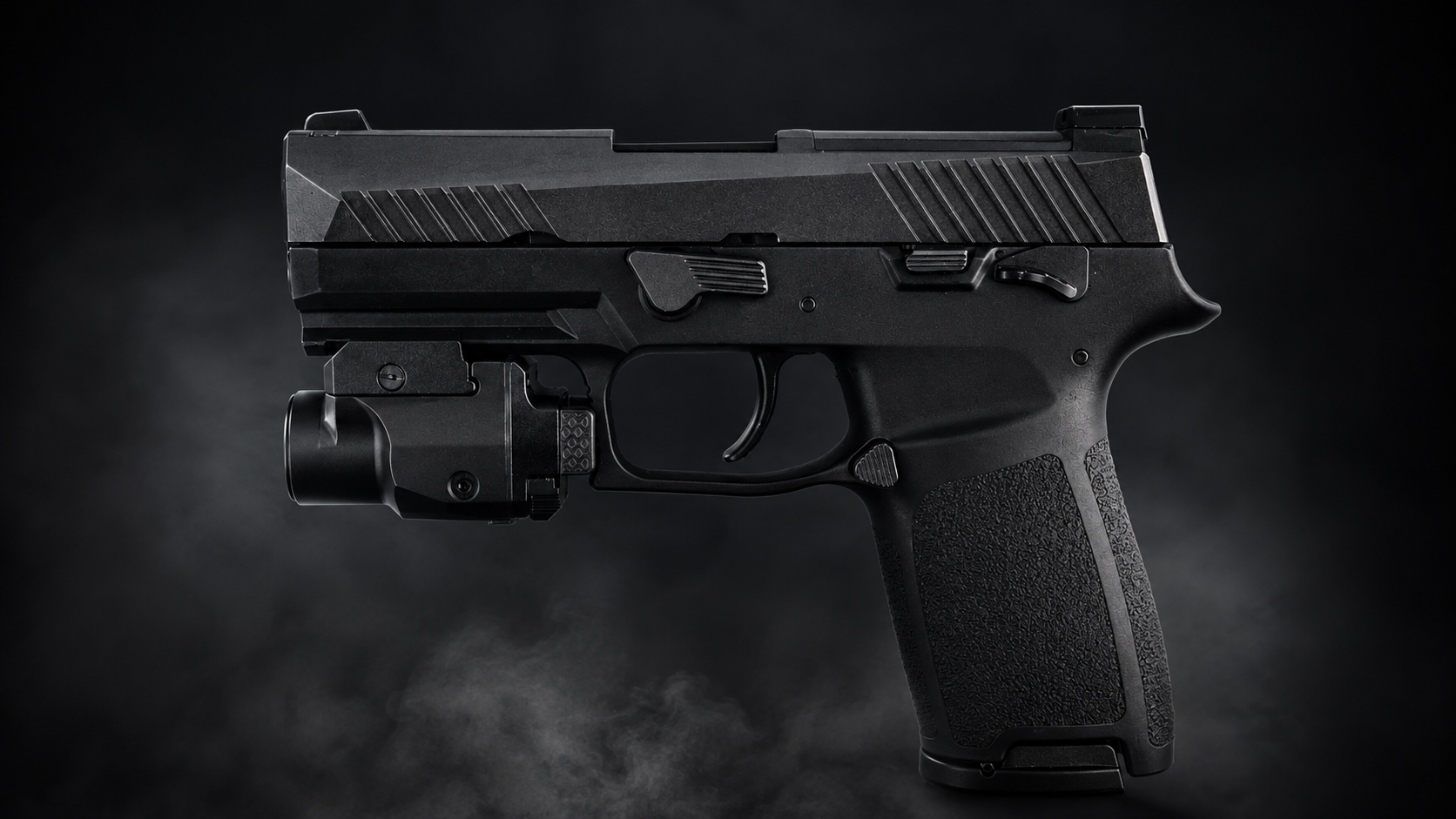 A black semi-automatic handgun with an attached black tactical light bar, shown in profile against a dark smoky background.