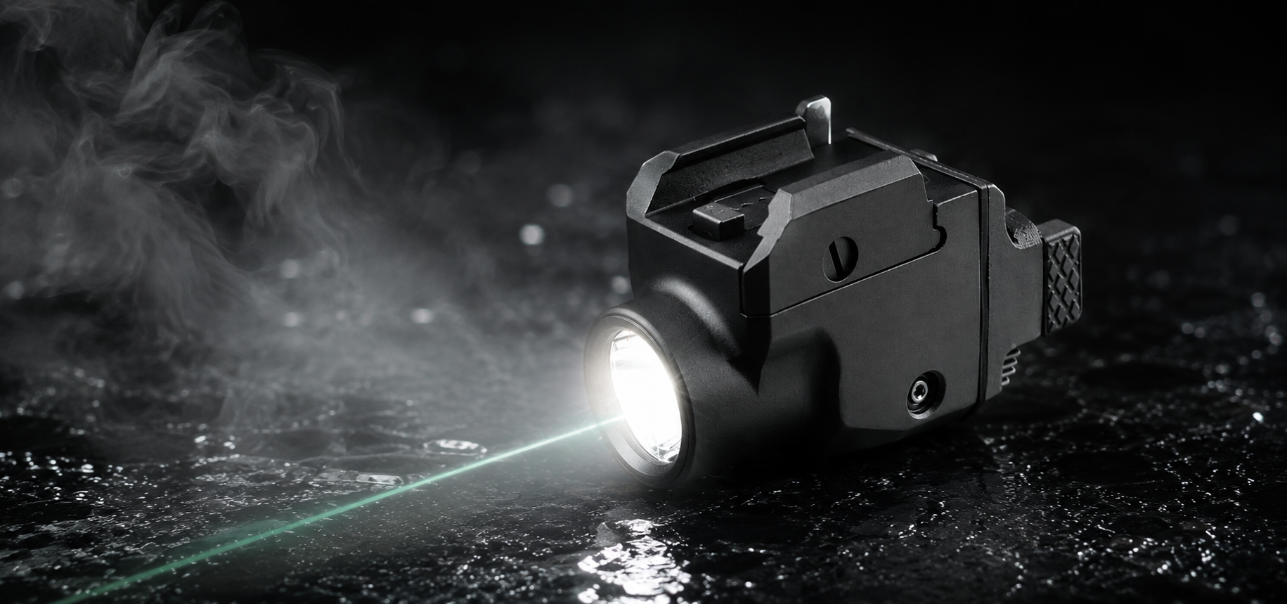 Black flashlight with green laser pointer on a dark surface