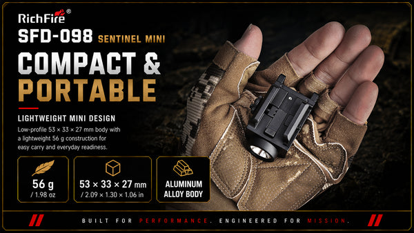 A RichFire SFD-098 Sentinel Mini flashlight held in a tan tactical glove, shown against a dark outdoor-style background with product text and feature callouts. The image is promotional and includes the RichFire branding and specifications.