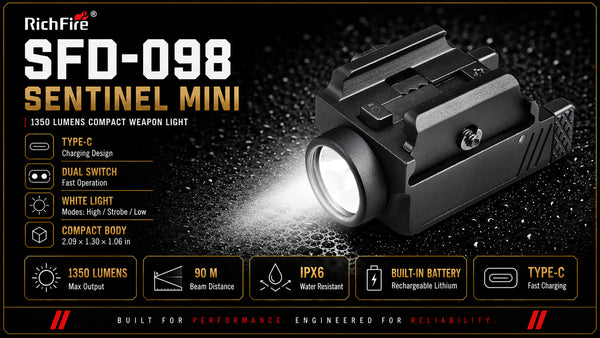 RichFire SFD-098 Sentinel Mini weapon light in black, shown on a dark textured background with a bright white light beam. The graphic includes product specifications and features on the left side.