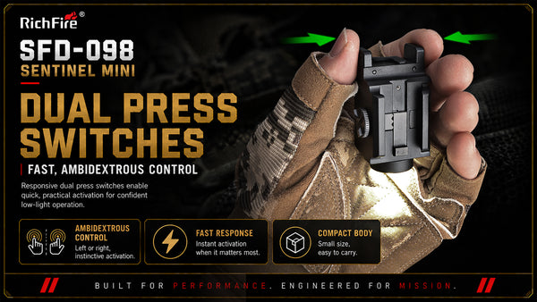 A hand wearing a tan tactical glove holds a small black and gray RichFire SFD-098 Sentinel Mini dual press switch device against a dark background with promotional text and icons.