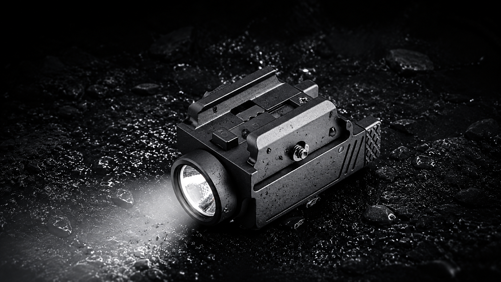 A tactical LED flashlight with a bright illuminated front lens, shown resting on a dark textured surface with its light beam casting across the foreground.