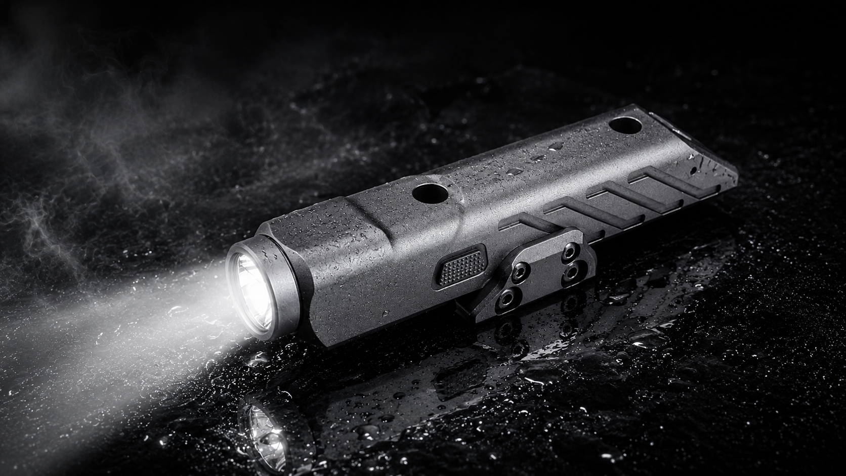 A tactical flashlight with a bright illuminated LED bulb, shown resting on a dark, wet surface with its light beam casting a bright glow.