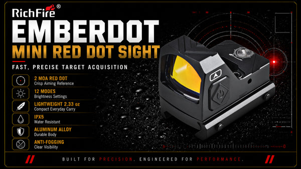 RichFire Emberdot Mini Red Dot Sight in black with a bright yellow lens, shown on a dark tactical-style background with product features listed on the left.