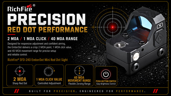 Promotional product graphic for the RichFire Precision Red Dot Performance, showing a black and dark gray RichFire SFD-240 EmberDot Mini Red Dot Sight on a black starry background with text callouts and feature icons.