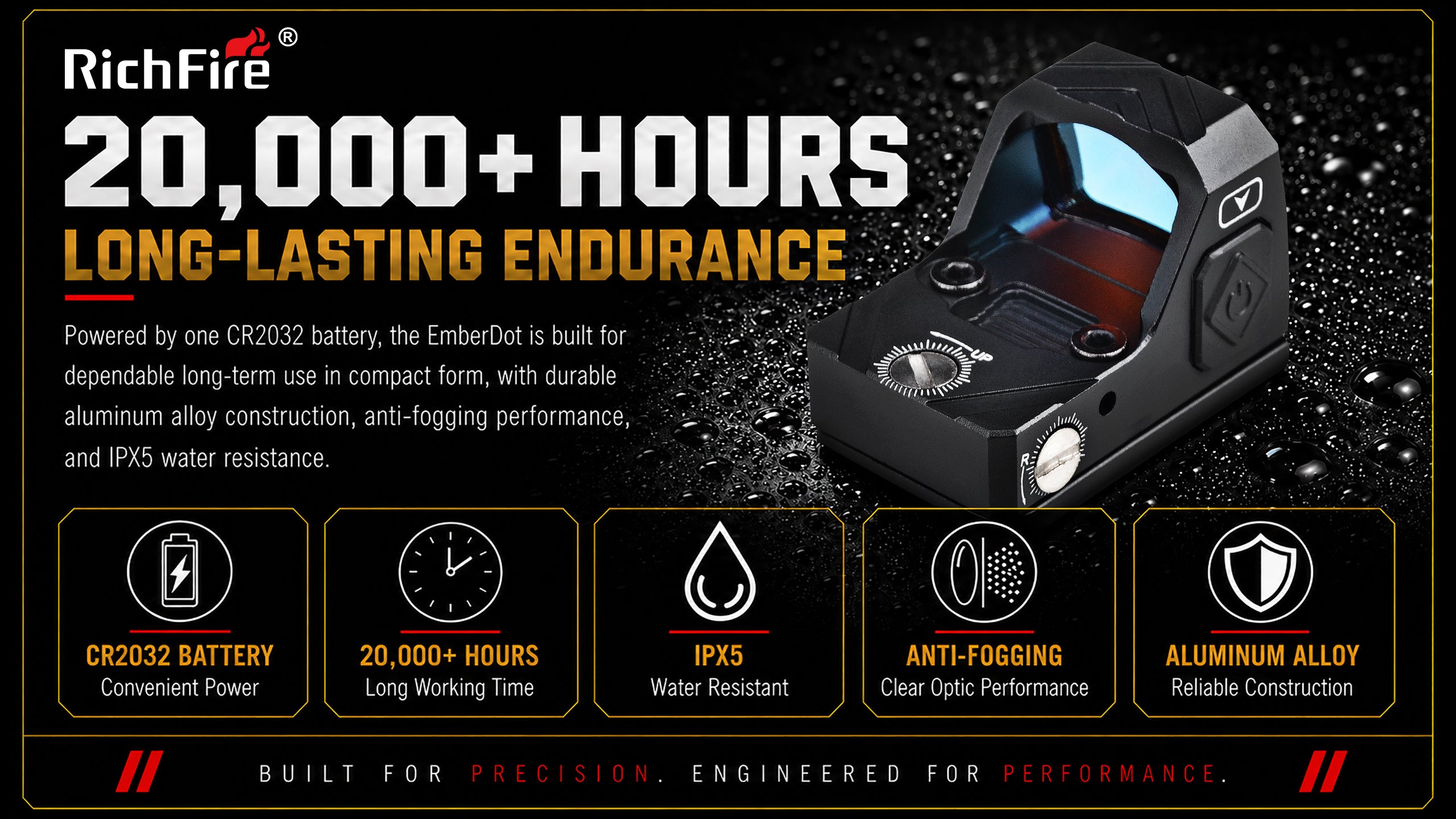 A promotional graphic for the RichFire EmberDot red dot sight, featuring a black and dark gray device on a dark starry background with large text highlighting 20,000+ hours of long-lasting endurance and five feature icons for battery, working time, IPX5 water resistance, anti-fogging, and aluminum alloy construction.