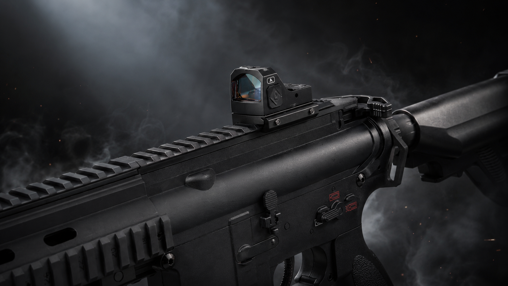A black tactical rifle with a mounted red dot sight, shown in a dramatic dark studio setting with smoke and spotlighting.