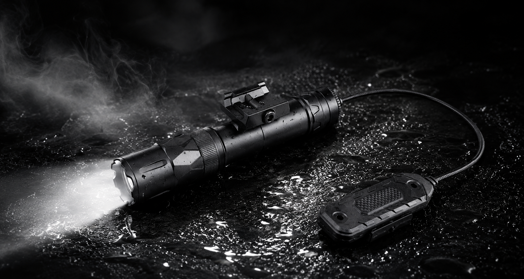 Black flashlight with light on a dark surface