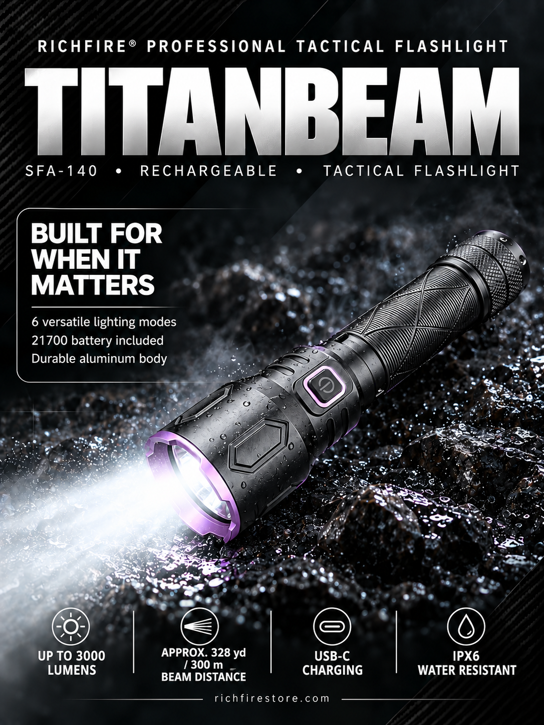 RichFire® SFA-140 TitanBeam 3000-Lumen Rechargeable Tactical Flashlight