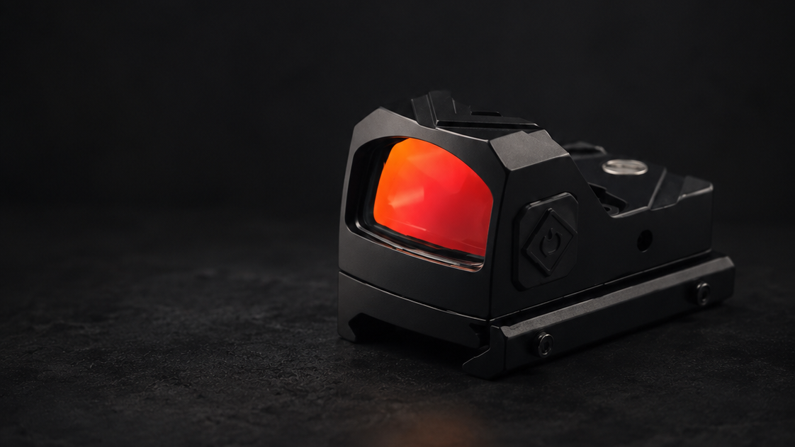 Red dot sight on a dark background