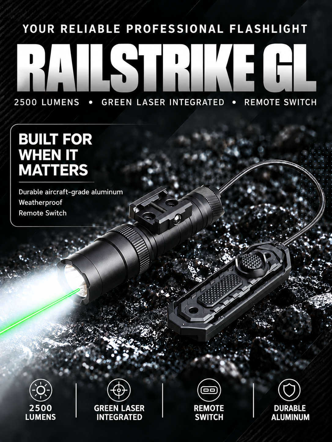 RichFire® SFD-127 RailStrike GL 2500-Lumen with Green Laser Max-Output Full-Size Rifle Light