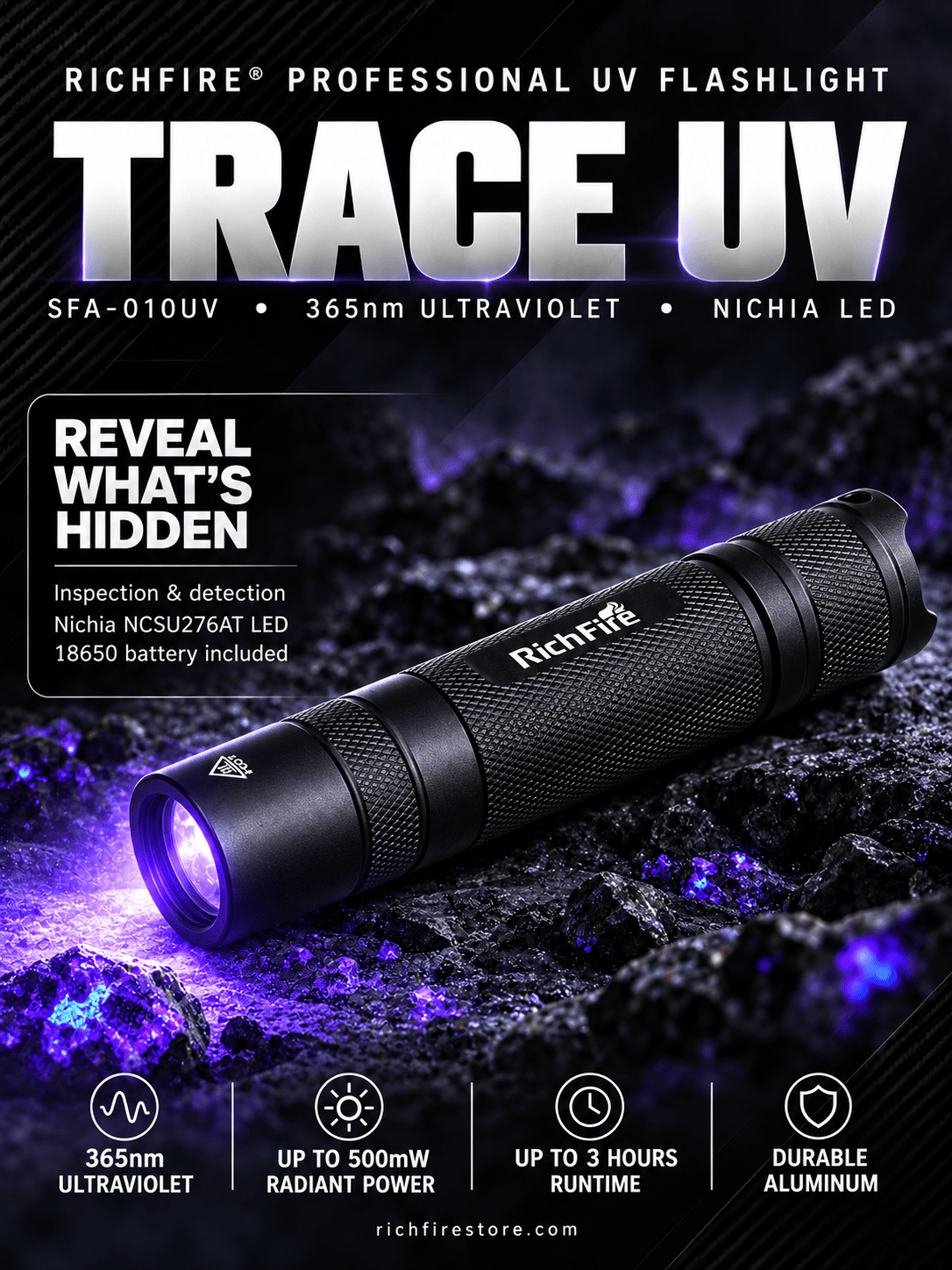 RichFire® SFA-010UV Trace UV 365nm 5W High-Intensity Nichia Ultraviolet Flashlight - RichFire® Store Official Tactical Flashlight Weapon Light Seller