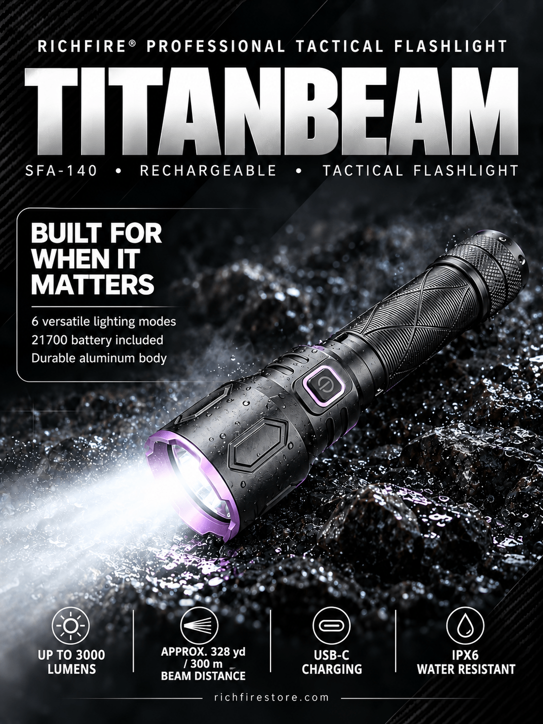 RichFire® SFA-140 TitanBeam 3000-Lumen Rechargeable Tactical Flashlight - RichFire® Store Official Tactical Flashlight Weapon Light Seller