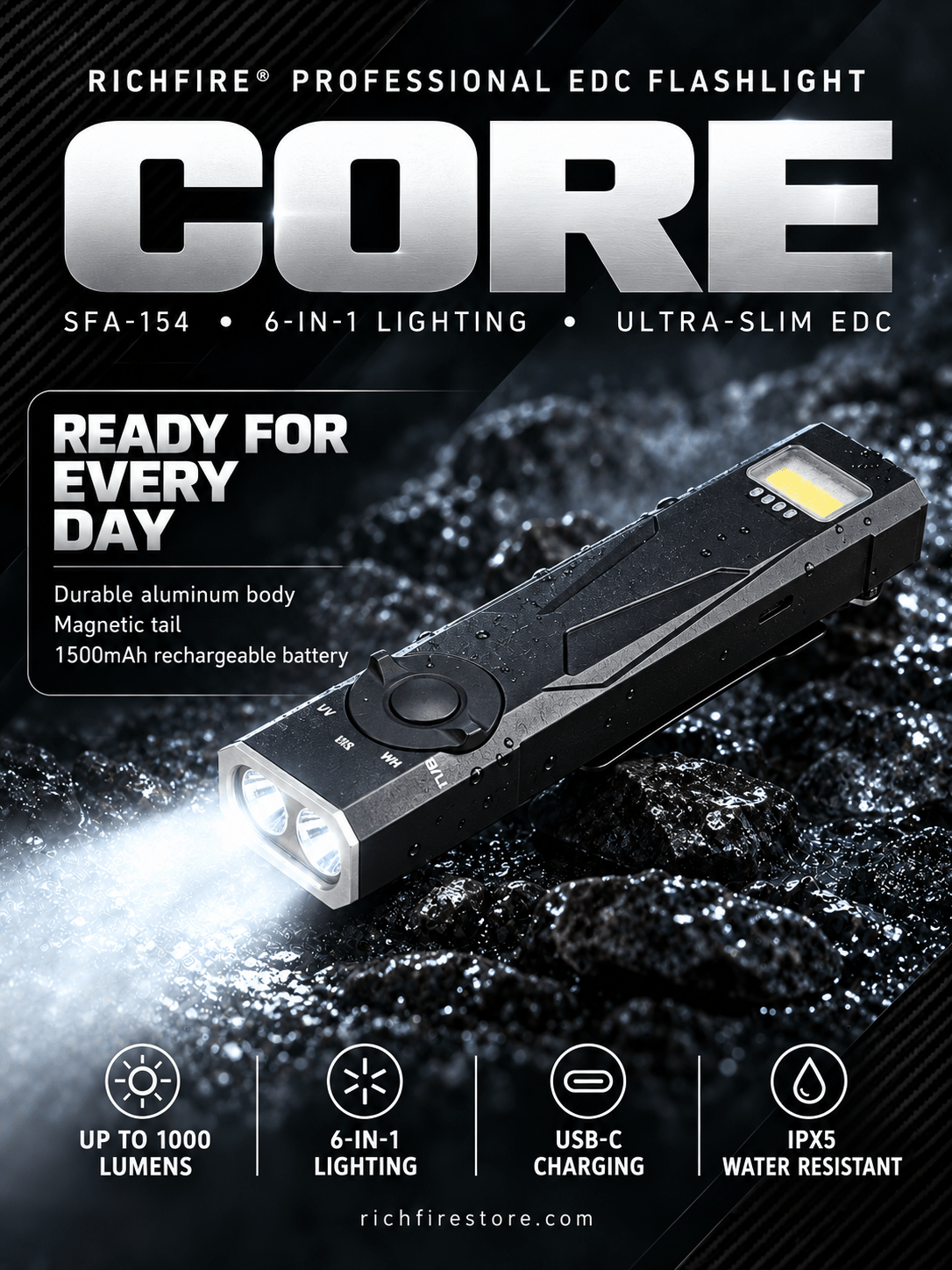 RichFire® SFA-154 CORE 1000-Lumen Ultra-Slim Multifunction EDC Flashlight - RichFire® Store Official Tactical Flashlight Weapon Light Seller