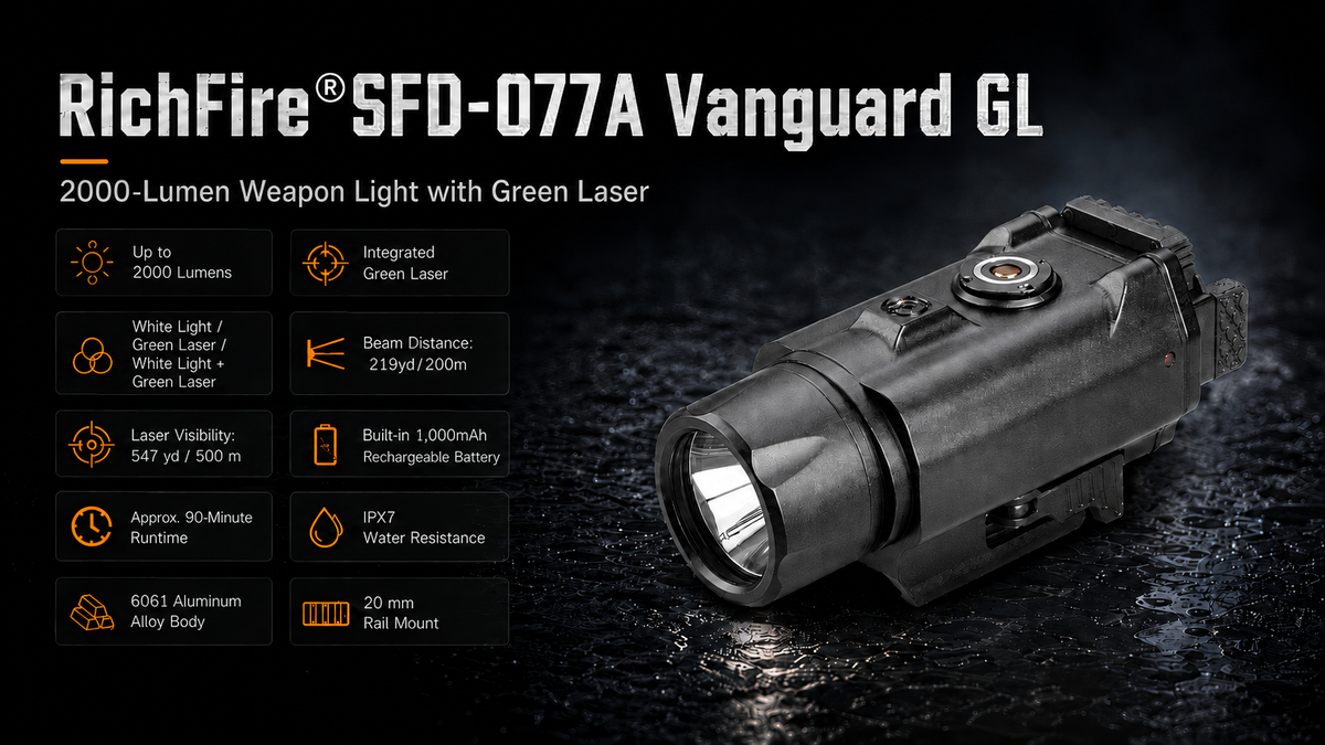 RichFire SFD-077A Vanguard GL 2000-lumen weapon light with green laser, 200 m beam distance, and IPX7 water resistance