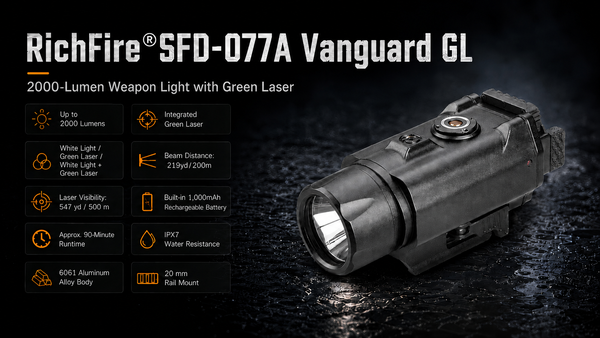 RichFire SFD-077A Vanguard GL 2000-lumen weapon light with green laser, 200 m beam distance, and IPX7 water resistance
