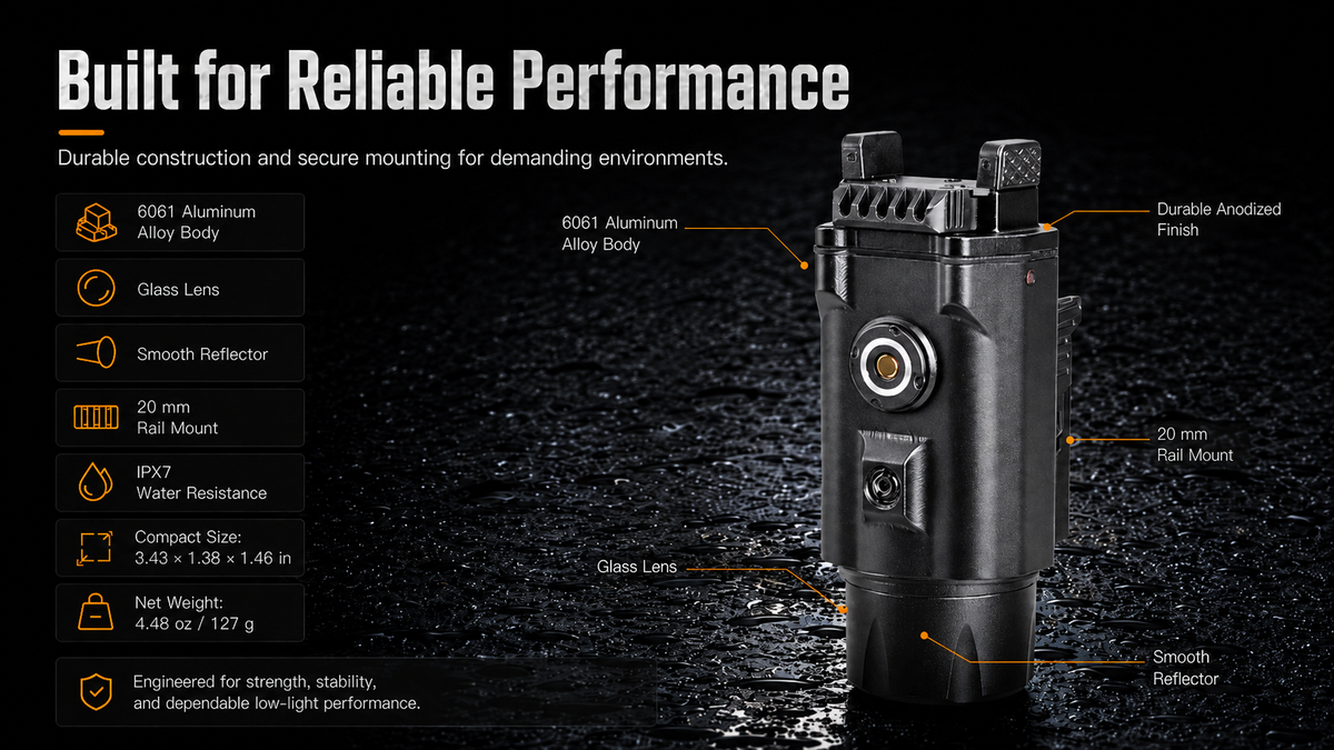RichFire SFD-077A Vanguard GL weapon light with 6061 aluminum body, 20 mm rail mount, and glass lens