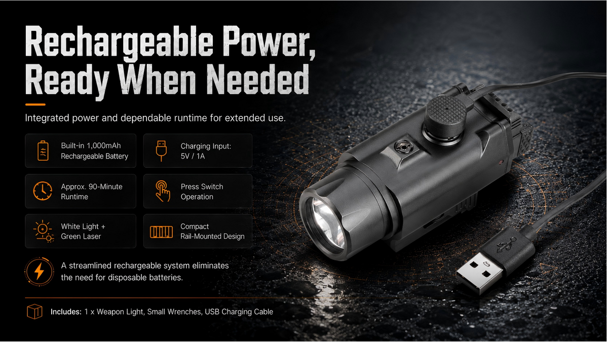 RichFire SFD-077A Vanguard GL rechargeable weapon light with green laser, built-in 1000mAh battery, magnetic charging, and 90-minute runtime