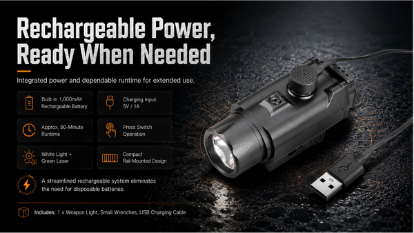 RichFire SFD-077A Vanguard GL rechargeable weapon light with green laser, built-in 1000mAh battery, magnetic charging, and 90-minute runtime