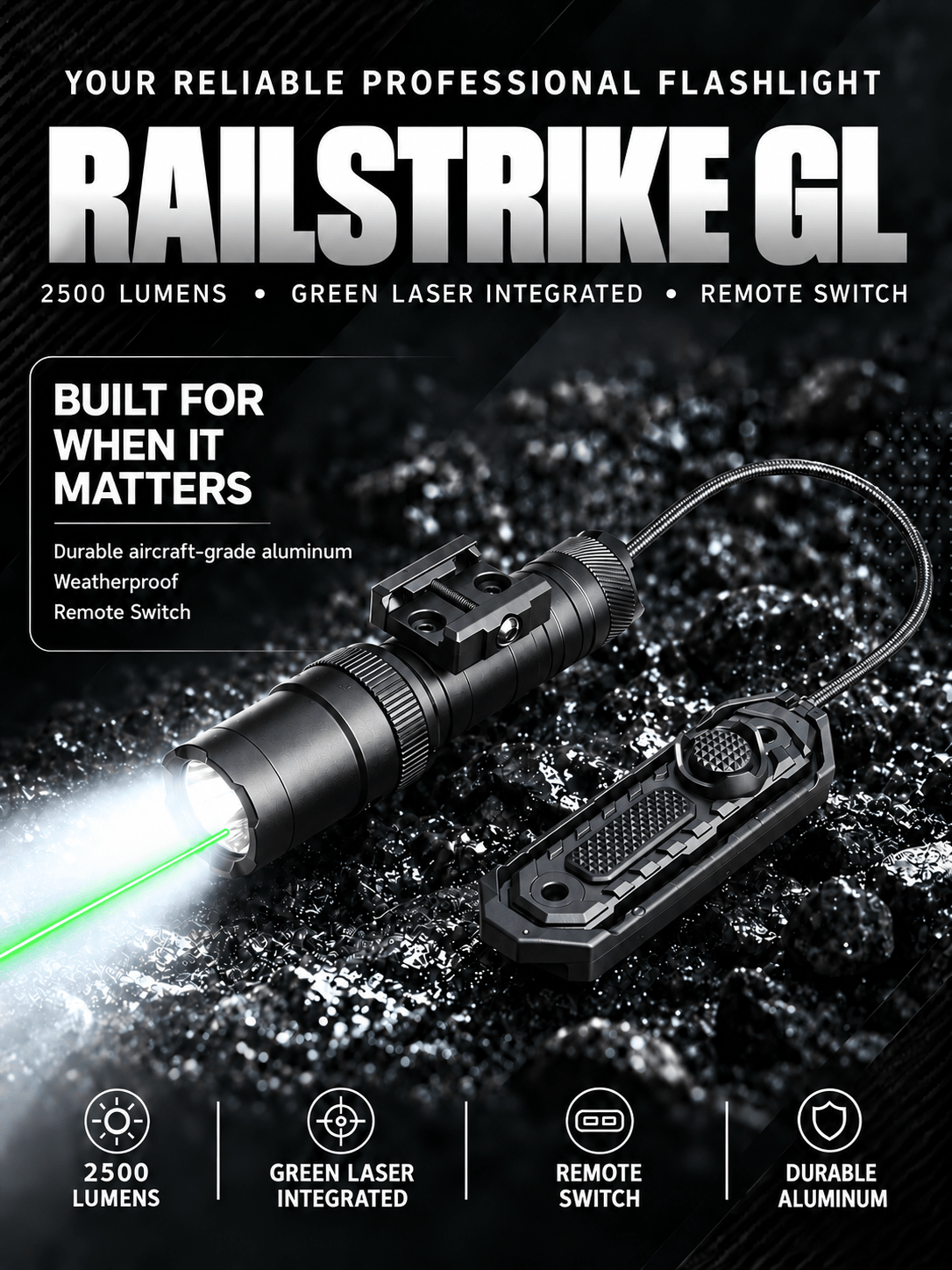 RichFire® SFD-127 RailStrike GL 2500-Lumen with Green Laser Max-Output Full-Size Rifle Light - RichFire® Store Official Tactical Flashlight Weapon Light Seller